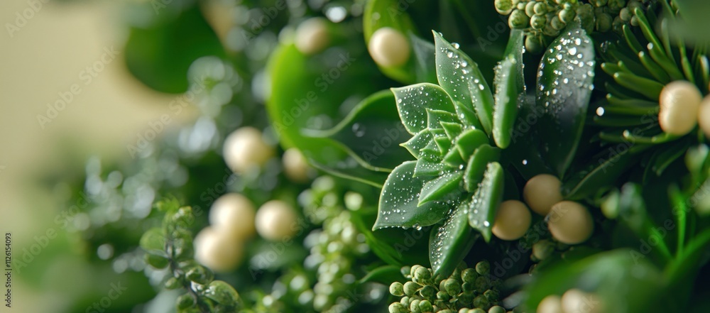 A close-up of lush green plants and decorative elements with droplets of water. A close-up of lush green plants and decorative elements with droplets of water.