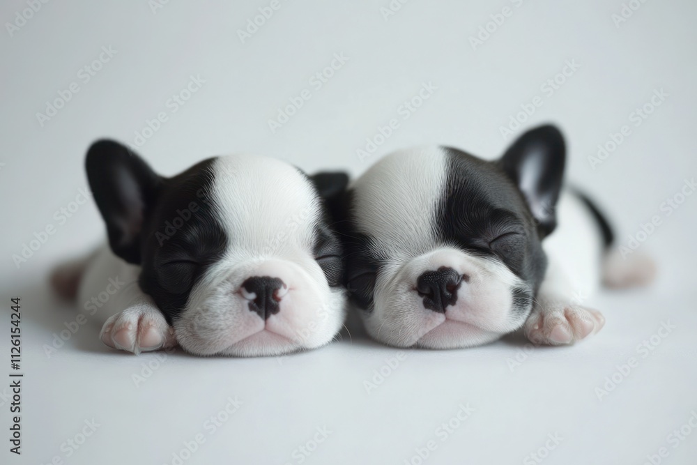 Two sleeping puppies resting side by side on a soft surface. Two sleeping puppies resting side by side on a soft surface.