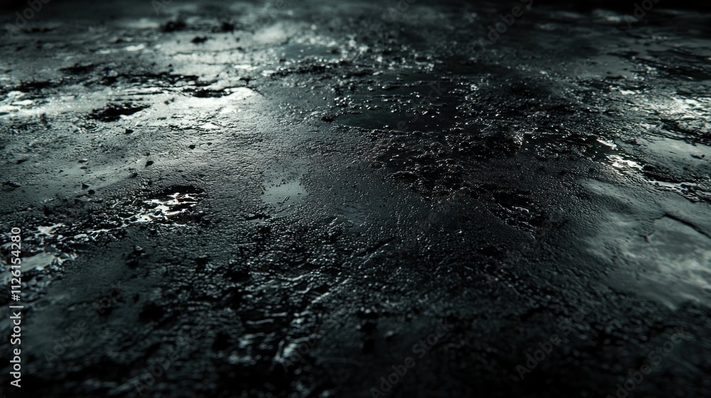 Dark, Textured Surface: Abstract Photography of a Rough, Dark Surface with Reflective Puddles Dark, Textured Surface: Abstract Photography of a Rough, Dark Surface with Reflective Puddles