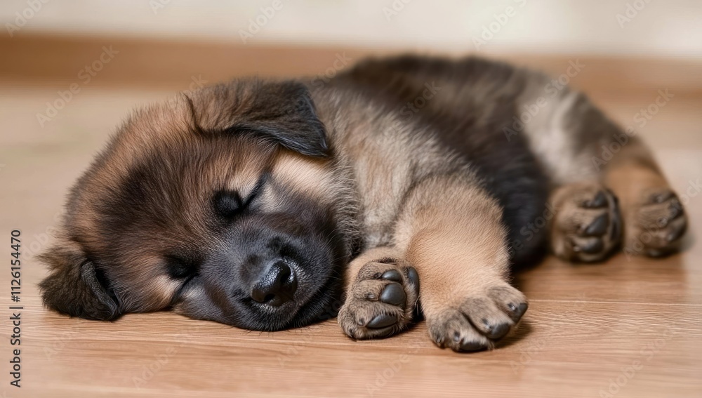 A sleeping puppy curled up on a wooden floor, exuding cuteness and tranquility. A sleeping puppy curled up on a wooden floor, exuding cuteness and tranquility.