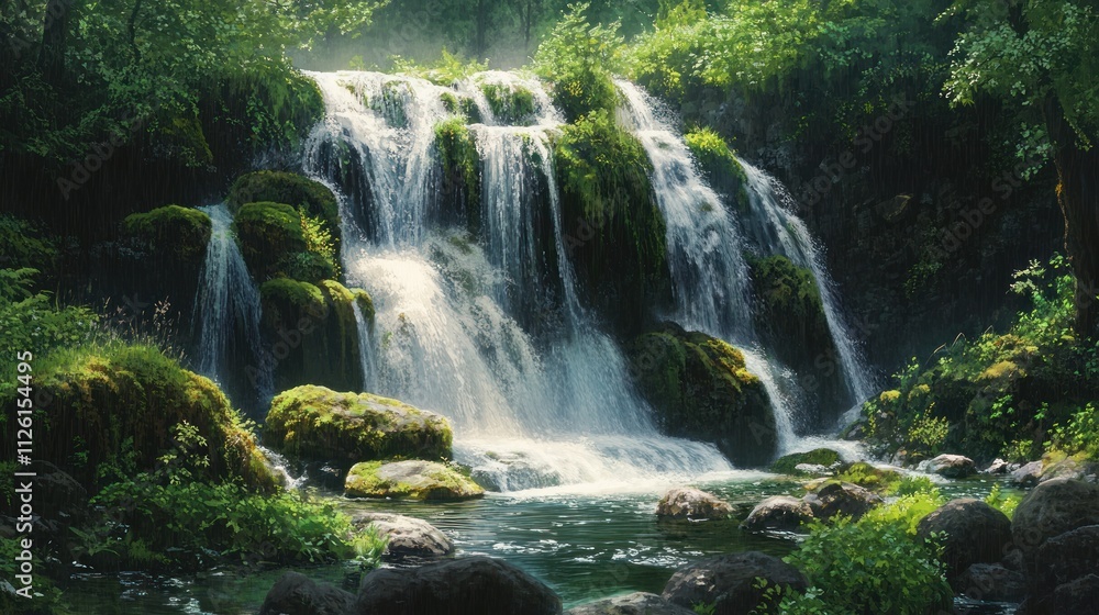Serene Waterfall in Lush Forest: A Tranquil Nature Escape Serene Waterfall in Lush Forest: A Tranquil Nature Escape