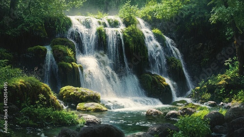 Serene Waterfall in Lush Forest: A Tranquil Nature Escape