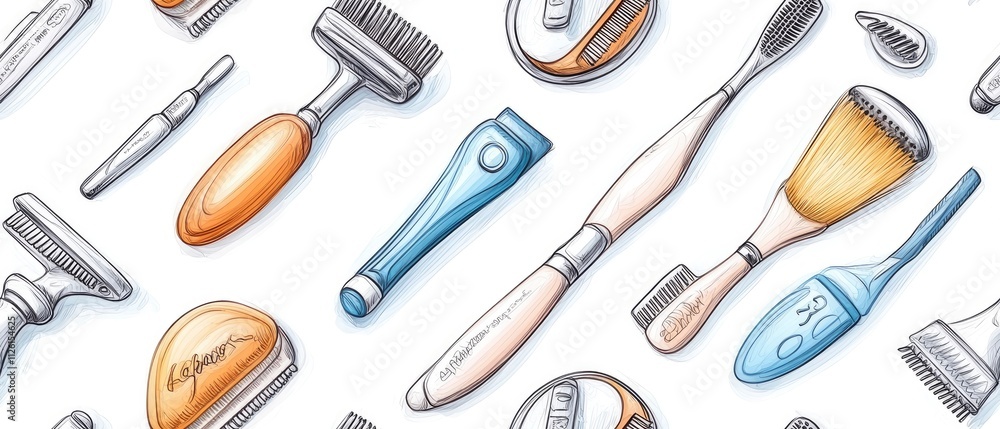 A collection of grooming tools and accessories illustrated in a seamless pattern. A collection of grooming tools and accessories illustrated in a seamless pattern.