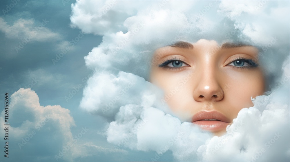 Dreamy female face surrounded by clouds in a serene sky Dreamy female face surrounded by clouds in a serene sky