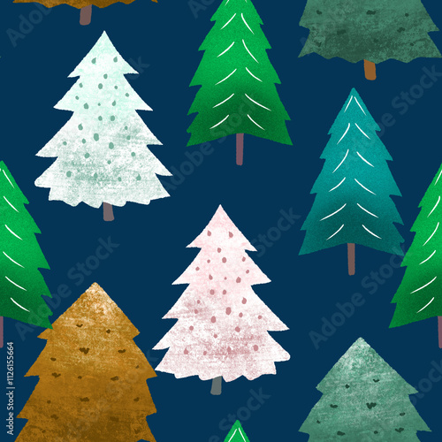 Winter pine trees on dark blue, pattern illustration
