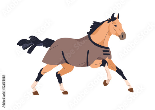 Galloping horse. Stallion wearing protection blanket in motion, action. Purebred equine animal in movement, running, covered with clothing. Flat vector illustration isolated on white background photo