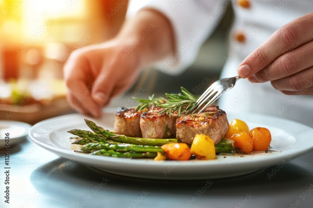 A chef plating a gourmet dish with meat, asparagus, and tomatoes, highlighting culinary art. A chef plating a gourmet dish with meat, asparagus, and tomatoes, highlighting culinary art.