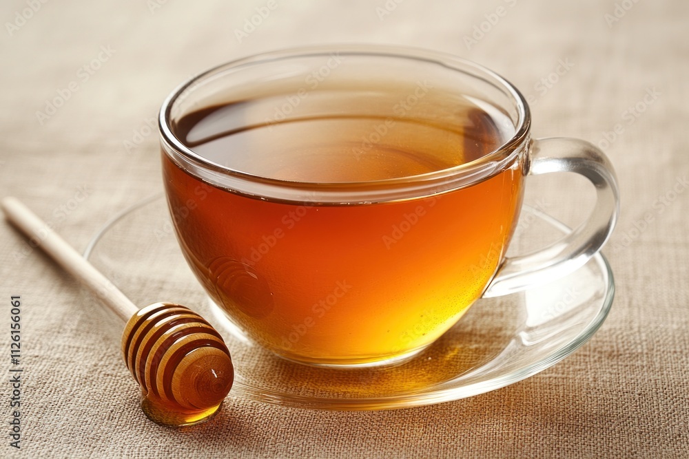 A clear glass cup filled with tea, accompanied by a honey dipper on a saucer. A clear glass cup filled with tea, accompanied by a honey dipper on a saucer.
