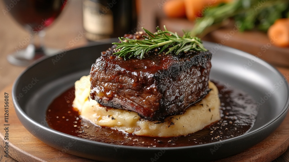 Tender beef short ribs braised in a rich red wine sauce Tender beef short ribs braised in a rich red wine sauce