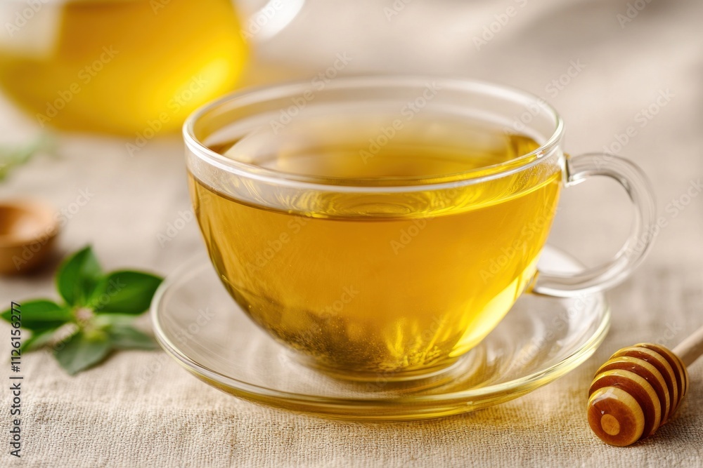 A clear cup of herbal tea on a table, accompanied by honey and green leaves. A clear cup of herbal tea on a table, accompanied by honey and green leaves.