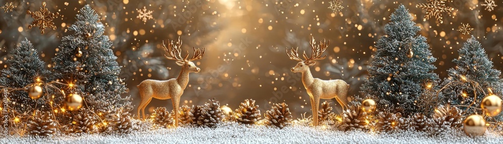 Wooden podium with festive reindeer and Christmas tree, holiday vibe, 3D illustration Wooden podium with festive reindeer and Christmas tree, holiday vibe, 3D illustration