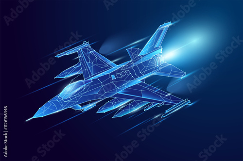 Fighter jet. Low poly fighter in motion, lines and connected to form, vector illustration.