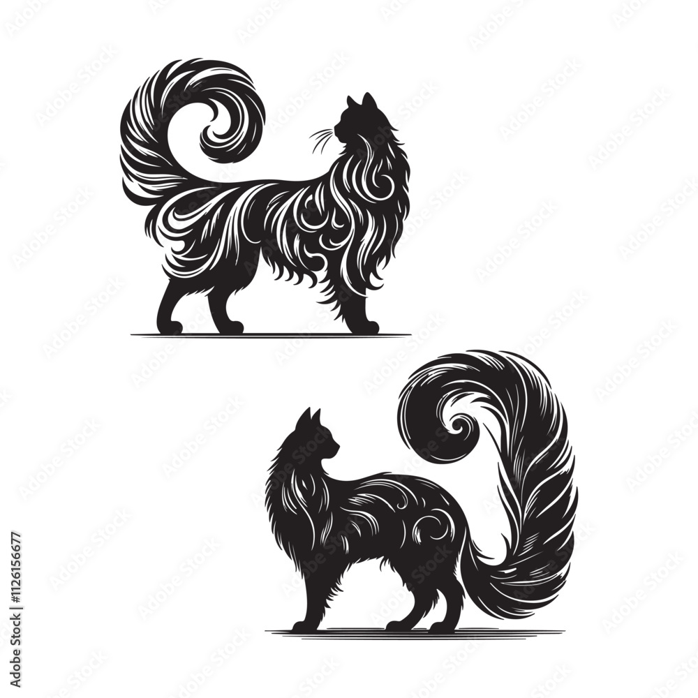 Long-haired cat, Elegant cat silhouette, Graceful cat pose, Cat silhouette vector Long-haired cat, Elegant cat silhouette, Graceful cat pose, Cat silhouette vector