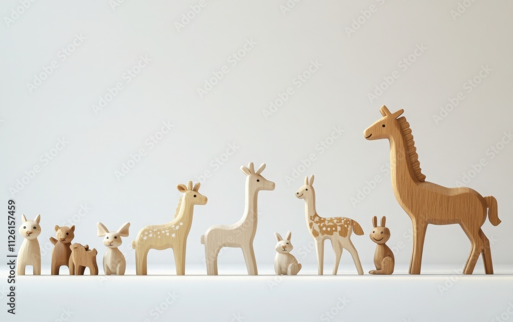 Fototapeta premium A row of wooden animal toys, including an alpaca, horse, deer, giraffe, monkey, rabbit, and dog, with smaller animals beside them, all standing on a white background.