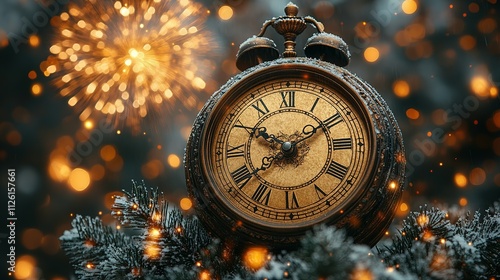 Antique Clock Under Snowy Branches With Festive Lights