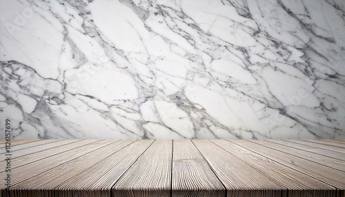 Marble granite white background wall surface room design featuring elegant texture, bright lighting ambiance, spacious interior, minimalist aesthetic, complemented by an empty pristine white wood tabl