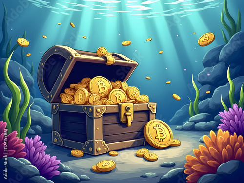 Treasure chest filled with golden coins representing cryptocurrency under the sea with colorful coral photo