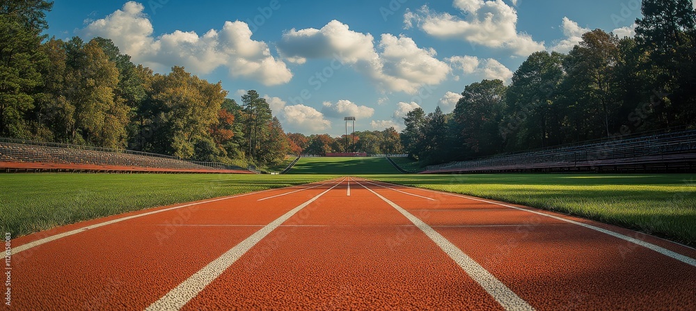 Fototapeta premium running track in a stadium, wide angle, with a sky filled with clouds