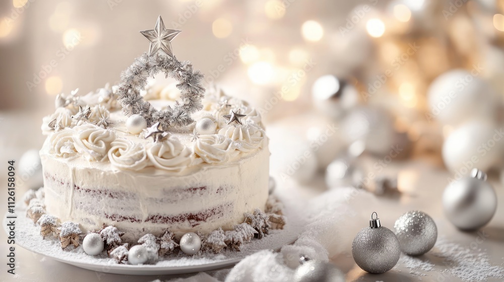A festive cake adorned with silver decorations, ideal for holiday celebrations. A festive cake adorned with silver decorations, ideal for holiday celebrations.