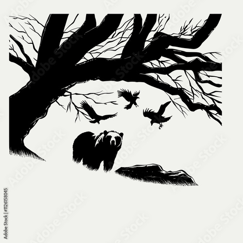 Bear and Ravens Silhouette Under Tree Vector