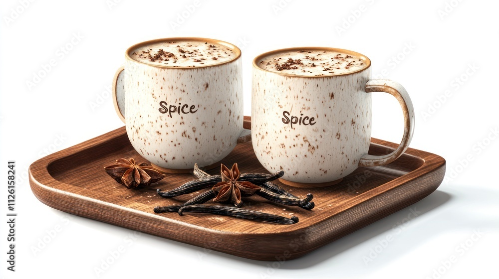 Two mugs of spiced beverage on a wooden tray with star anise and vanilla pods. Two mugs of spiced beverage on a wooden tray with star anise and vanilla pods.