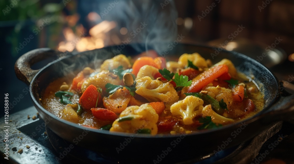 A steaming dish of colorful vegetables in a skillet, showcasing a vibrant culinary creation. A steaming dish of colorful vegetables in a skillet, showcasing a vibrant culinary creation.