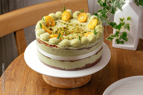 pistachio whole cake on the table photo