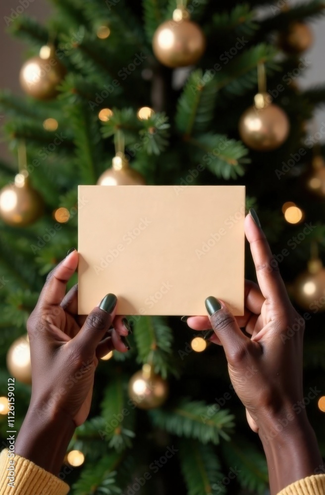 Vertical Mock up: black skin hands holding a blank card against the background of a festive Christmas tree decorated with balls in gold and mocha mousse. Trendy mocha mousse color. Empty space for tex Vertical Mock up: black skin hands holding a blank card against the background of a festive Christmas tree decorated with balls in gold and mocha mousse. Trendy mocha mousse color. Empty space for tex