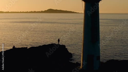 Sunset View Of Lighthouse. Aerial Drone Shot