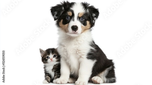 A cute puppy and kitten sitting together, showcasing their playful companionship.