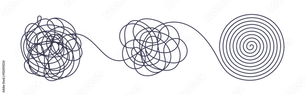 Chaos and order business concept flat style design vector illustration isolated on white background. Tangled disorder turns into spiral order line, find solution. Coaching, mentoring or psychotherapy. Chaos and order business concept flat style design vector illustration isolated on white background. Tangled disorder turns into spiral order line, find solution. Coaching, mentoring or psychotherapy.