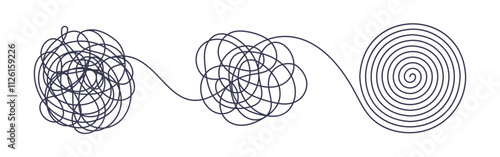 Chaos and order business concept flat style design vector illustration isolated on white background. Tangled disorder turns into spiral order line, find solution. Coaching, mentoring or psychotherapy.