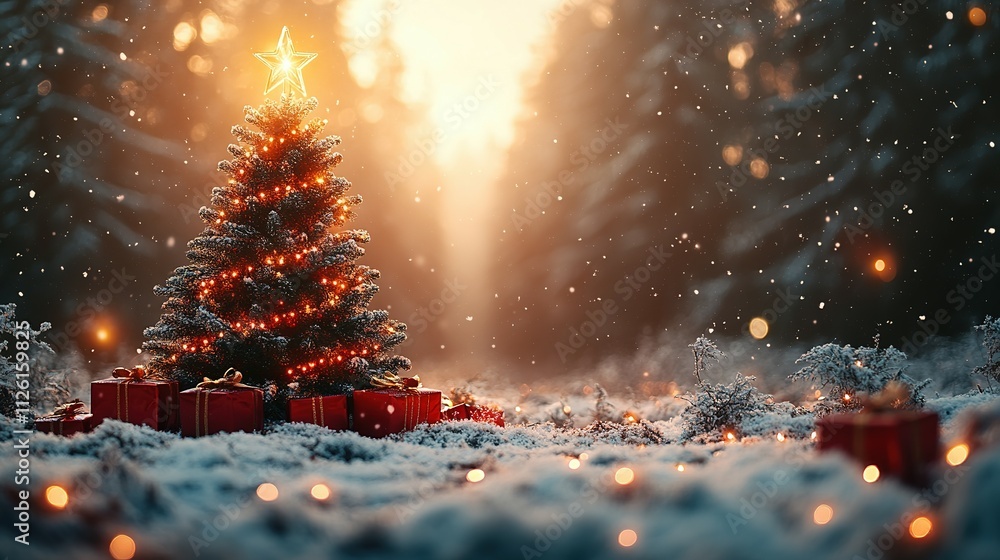 Naklejka premium A Festive Christmas Tree in a Snowy Winter Forest