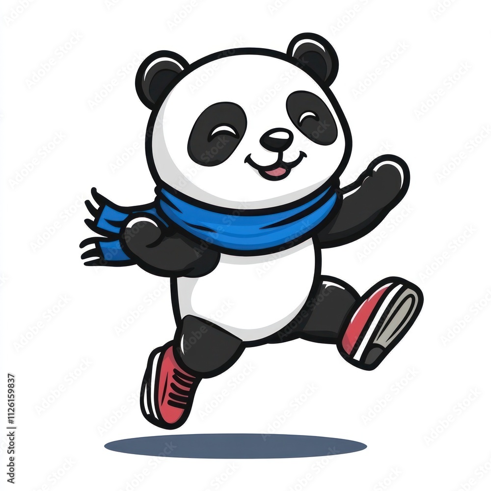 A cheerful cartoon panda wearing a blue scarf and red shoes, joyfully running. A cheerful cartoon panda wearing a blue scarf and red shoes, joyfully running.