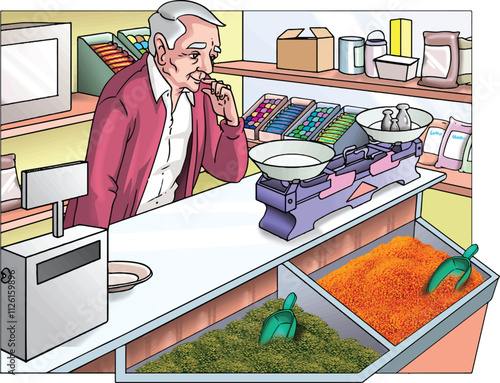 Grocer. The man looking at the scales.
