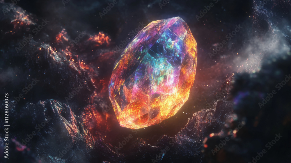Obraz premium vibrant, iridescent crystal glows amidst dark, cosmic background, showcasing spectrum of colors that evoke sense of wonder and mystery