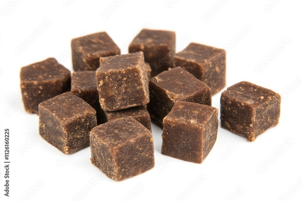 A pile of small, brown, cube-shaped confections arranged on a white background. A pile of small, brown, cube-shaped confections arranged on a white background.