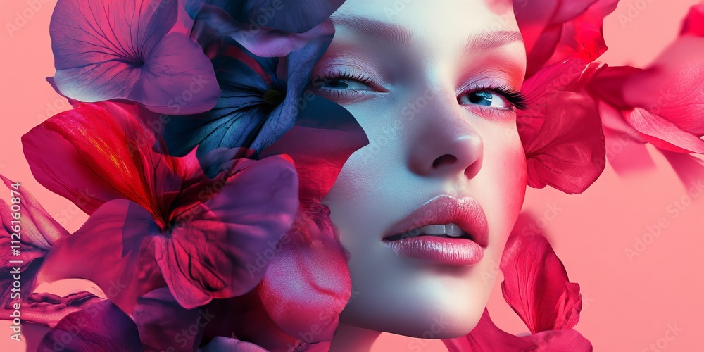 Stunning Portrait of a Woman with Vibrant Floral Elements in a Dreamlike Artistic Composition Stunning Portrait of a Woman with Vibrant Floral Elements in a Dreamlike Artistic Composition