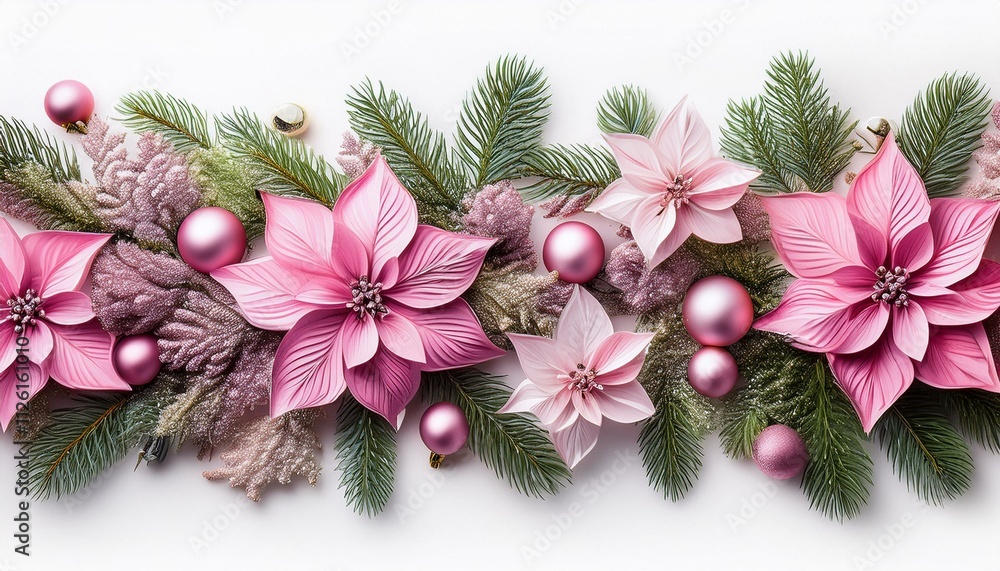 Christmas border decoration conifer pink on isolated white background Christmas border decoration conifer pink on isolated white background