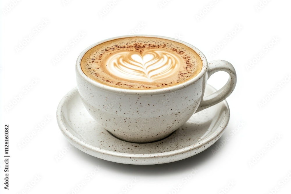 A latte with intricate foam art in a speckled cup and saucer on a white background. A latte with intricate foam art in a speckled cup and saucer on a white background.