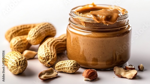 Jar of creamy peanut butter a smooth surface isolated cleanly on a white background