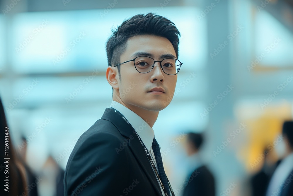 Confident Young Professional in Business Attire at a Modern Corporate Event with Blurred Background Confident Young Professional in Business Attire at a Modern Corporate Event with Blurred Background