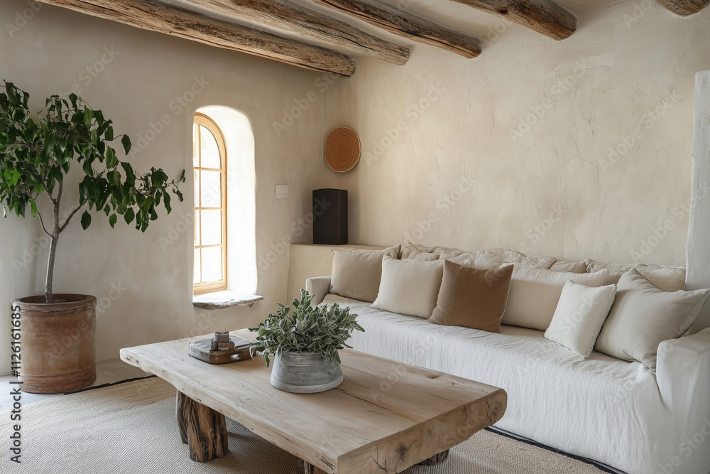 living room with a white couch, a coffee table, and a potted plant. The room has a warm and inviting atmosphere living room with a white couch, a coffee table, and a potted plant. The room has a warm and inviting atmosphere