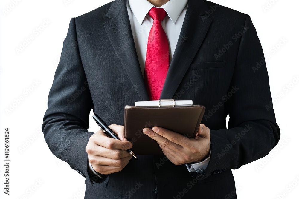 A man in a suit and tie holding a clipboard and pen A man in a suit and tie holding a clipboard and pen
