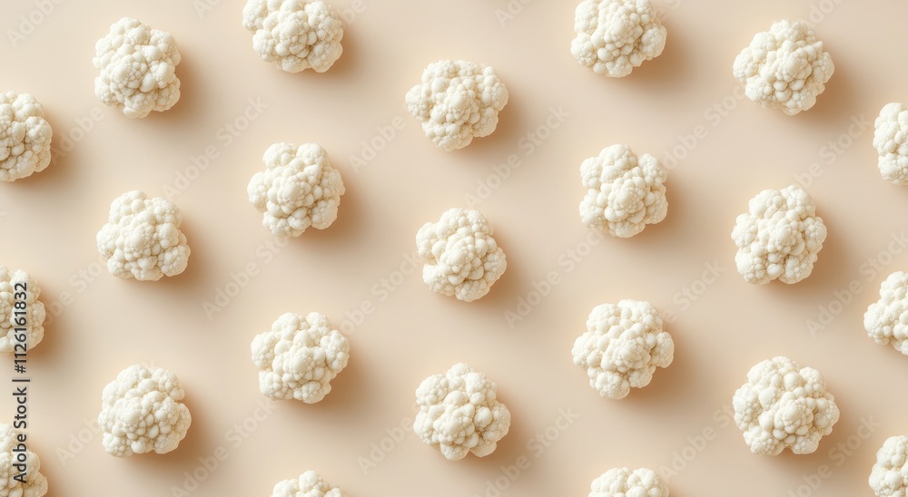 A flat lay of white cauliflower florets arranged on a light background. A flat lay of white cauliflower florets arranged on a light background.
