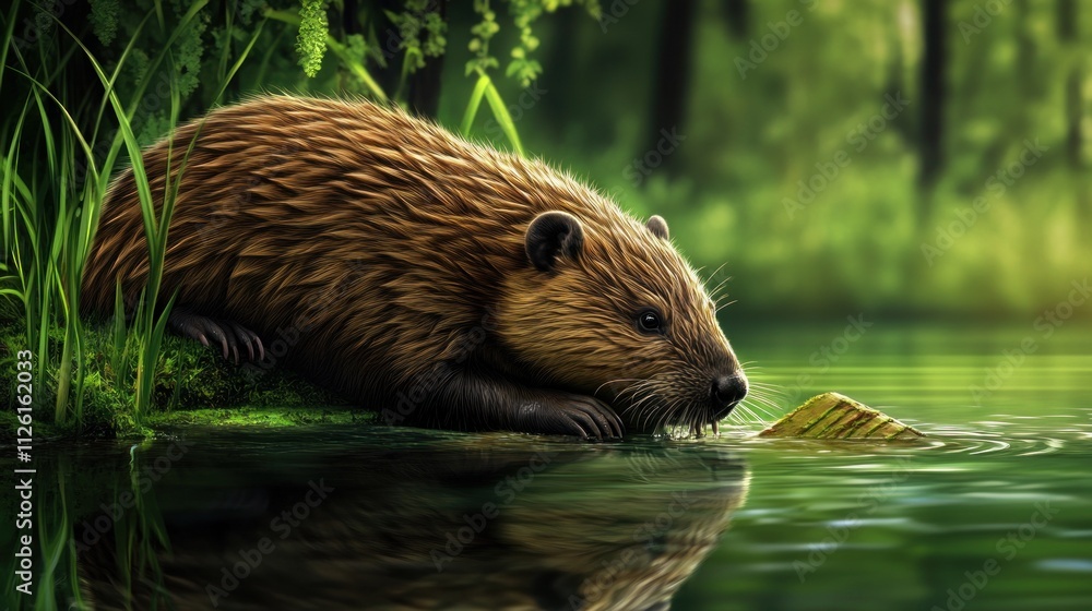 A beaver near a serene water body, surrounded by lush greenery. A beaver near a serene water body, surrounded by lush greenery.