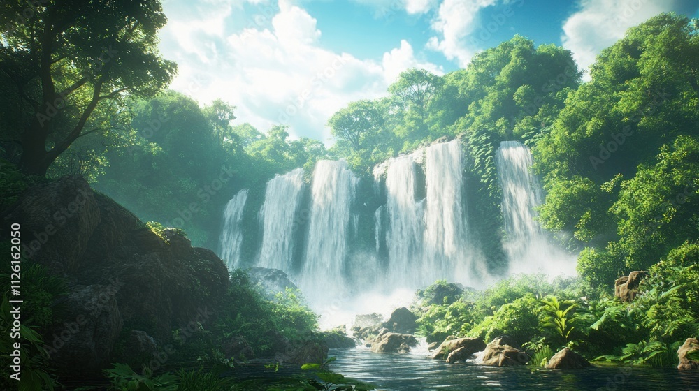 Fototapeta premium Serene Waterfall in Lush Tropical Paradise: A Breathtaking View of Nature's Majesty