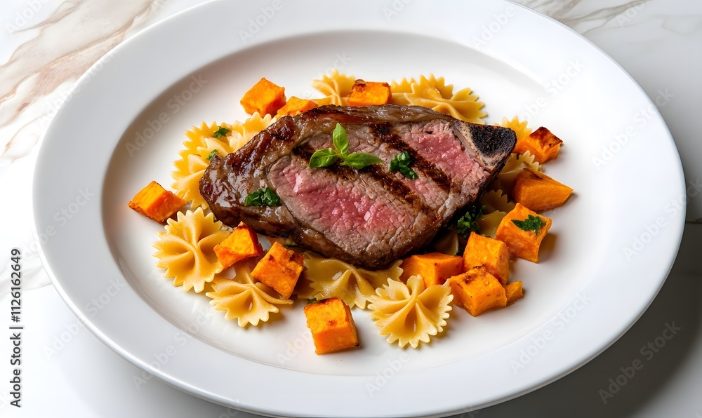 lamb steak with cooked cubed sweet potato farfalle pasta in a white plate, Generative AI lamb steak with cooked cubed sweet potato farfalle pasta in a white plate, Generative AI
