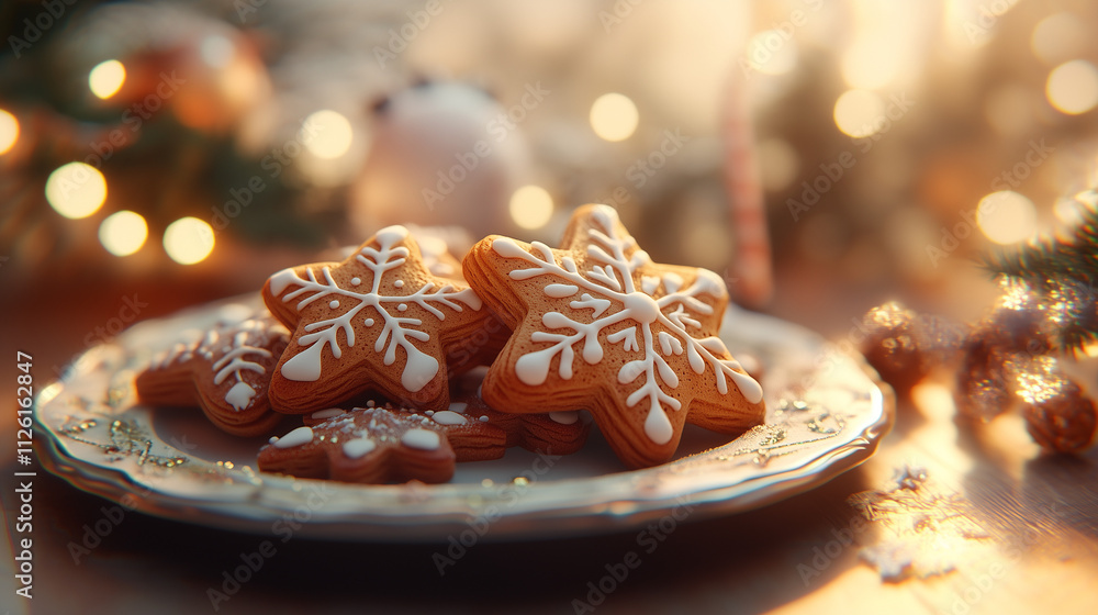 Christmas cookies in the shape of snowflakes with icing on a decorative plate, placed on a festive table with blurred bright lights in the background Christmas cookies in the shape of snowflakes with icing on a decorative plate, placed on a festive table with blurred bright lights in the background