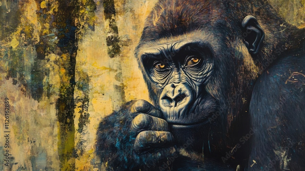 A contemplative gorilla surrounded by forest light, its emotional eyes reflecting wisdom and vulnerability. A contemplative gorilla surrounded by forest light, its emotional eyes reflecting wisdom and vulnerability.